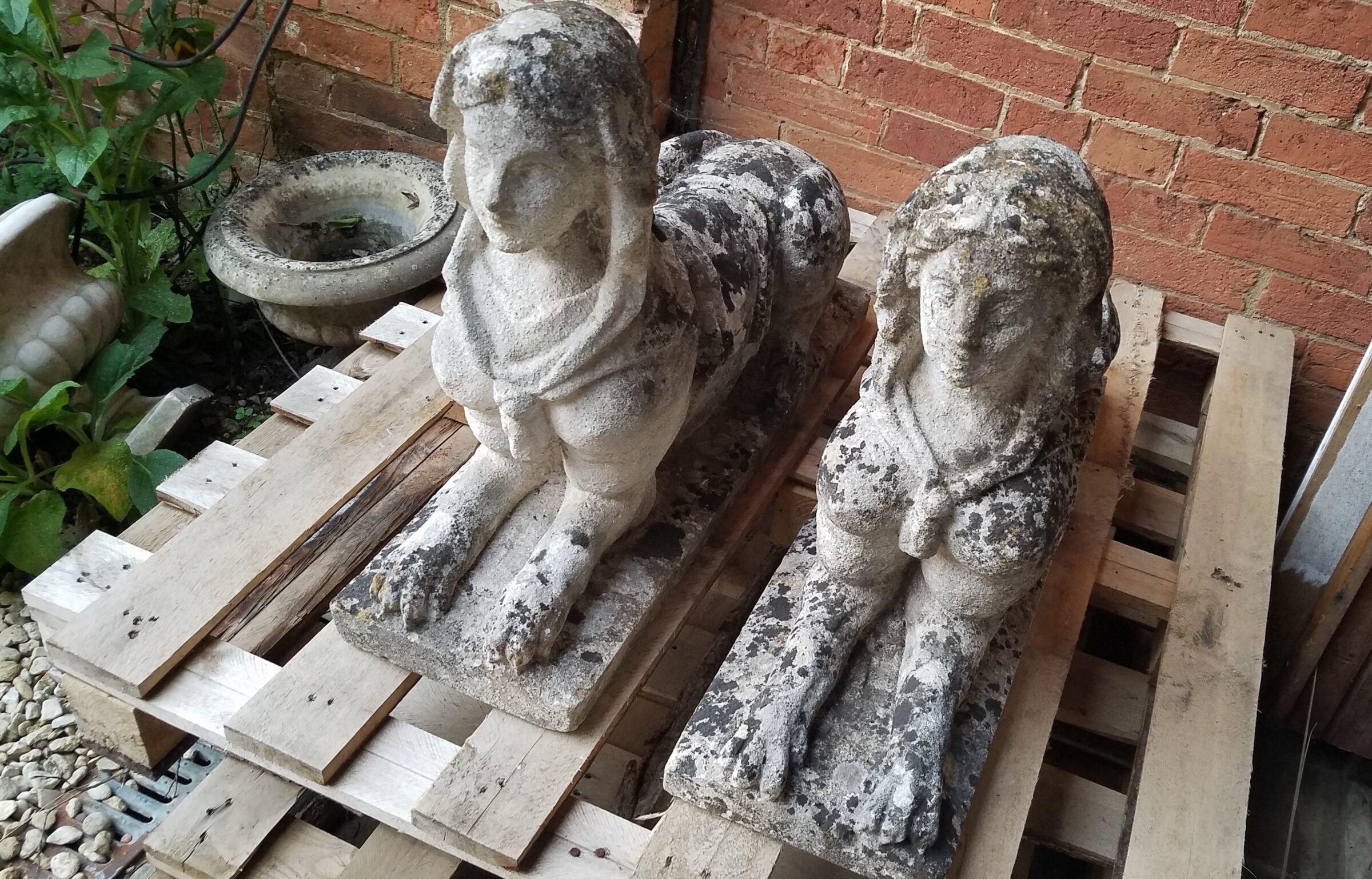 Pair, Antique 19th c Carved and Weathered Stone Sphinxes